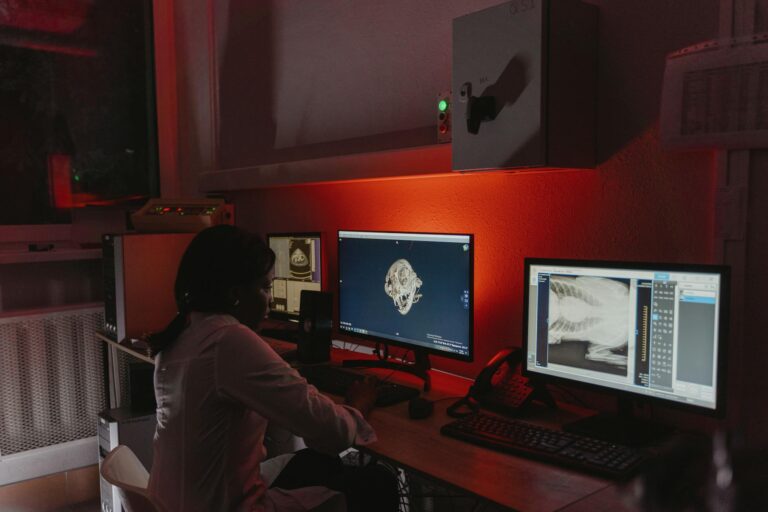 A female veterinarian studies x-ray images in a dimly lit office, focusing on animal healthcare and diagnostics.